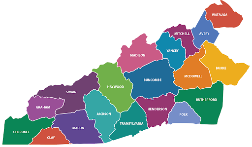 A colorful graphical map of Western North Carolina