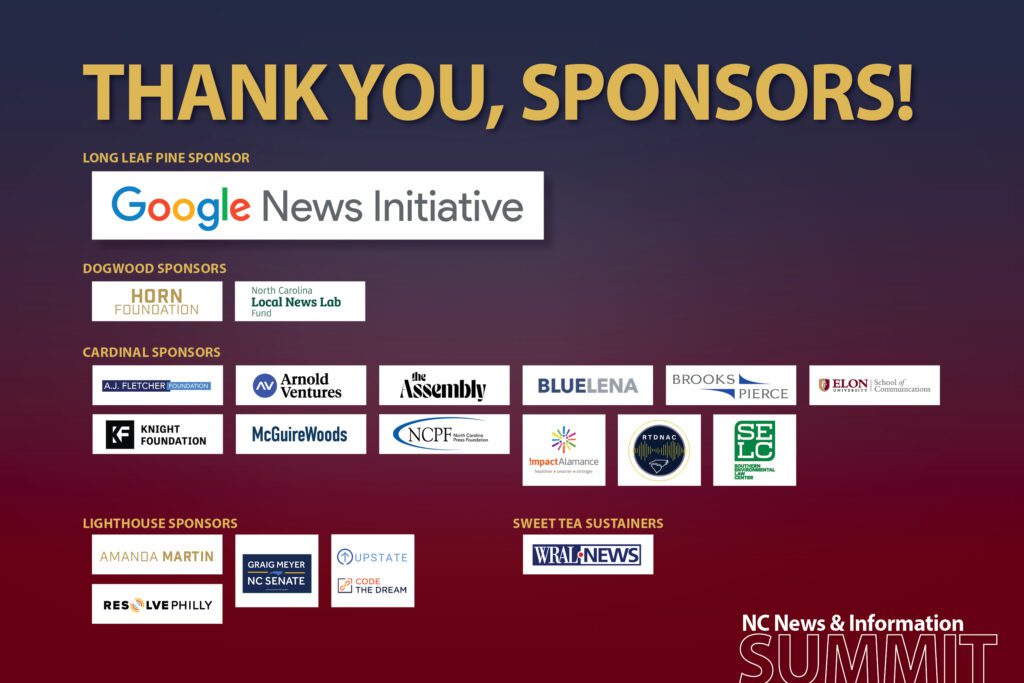 A group of sponsorship logos, headlined by the Google News Initiative logo.