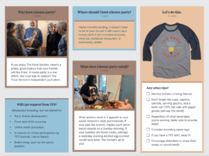 A screen shot of the house party planning toolkit, showing cards that explain why, where and how to host.