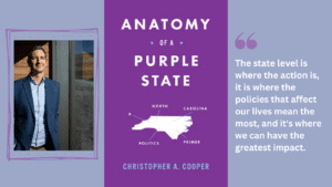 A lavender graphic with a portrait of Chris Cooper on the left, he's standing in front of a window with sunlight pouring in and wearing a blue sport coat and light blue button down shirt. In the middle of the graphic is the purple cover of "Anatomy of a Purple State," and to the right is the quote: "The state level is where the action is, it is where the policies that affect our lives mean the most, and it's where we can have the greatest impact."